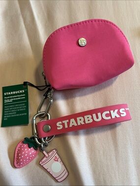 🎀 Starbucks Hot Pink Zip Key Pouch with Branded Strap and Charms